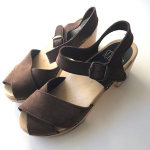 Brown Leather Open Toe Scandic Clog Shoes size 37